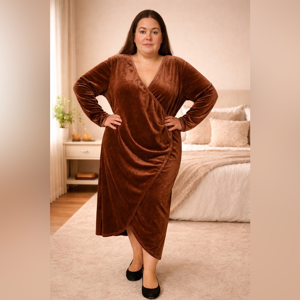 NY Collection Chocolate Velvet Long Sleeve Dress